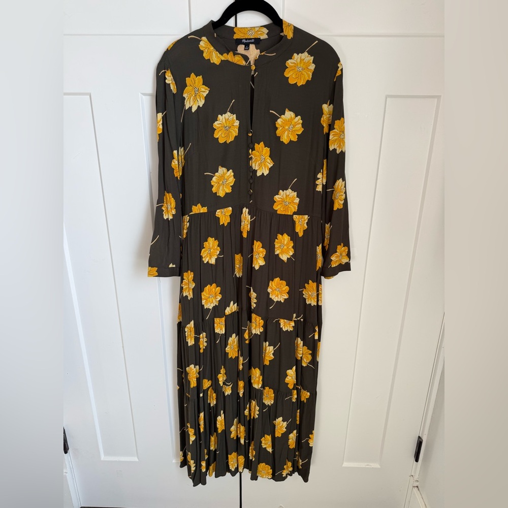 Madewell Button-Front Tier Dress in the Fall Flowers print and olive green. S. - Picture 3 of 6
